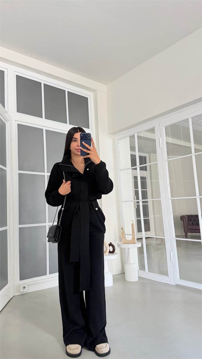 Siyah Kuşaklı Fermuarlı Hırka Beli Lastikli Cepli Pantolon İkili Triko Takım GAUS-02072