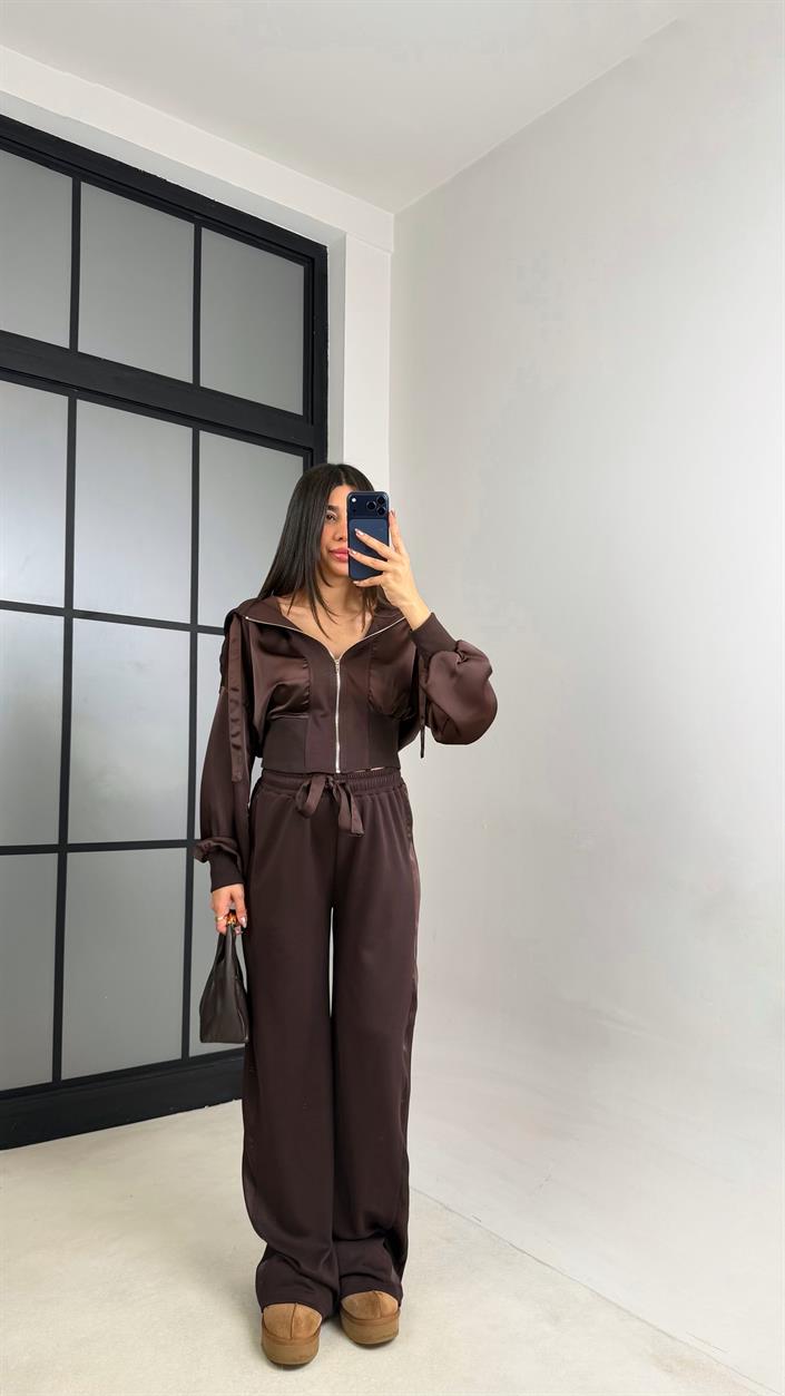 Acı Kahve Saten Detaylı Hırka Beli Lastikli Pantolon Tasarım Takım GAUS-01096
