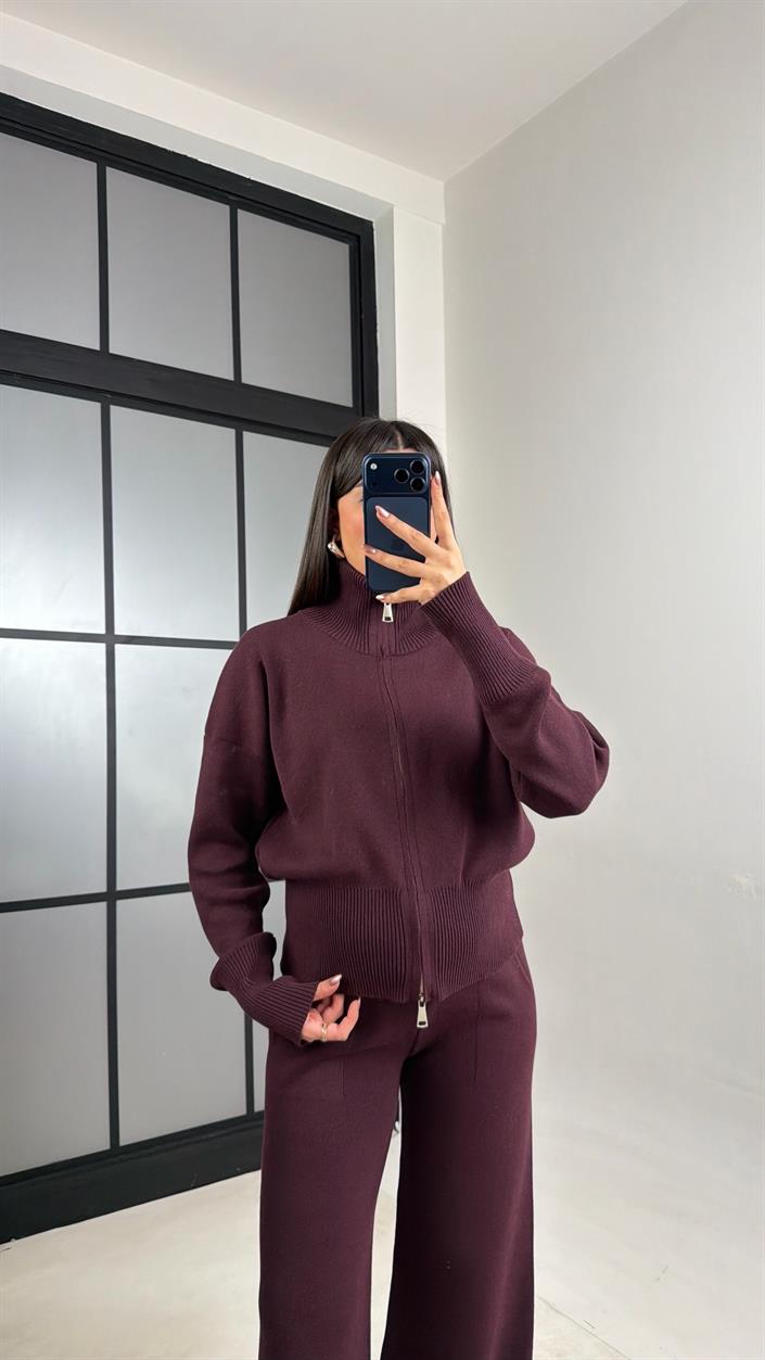 Mürdüm Çift Fermuarlı Hırka Beli Lastikli Pantolon Triko Takım GAUS-01090