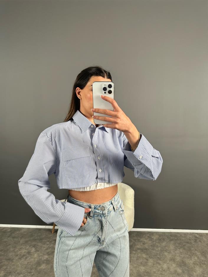 ZR Model Crop Boxer Detaylı Mavi Çizgili Gömlek 