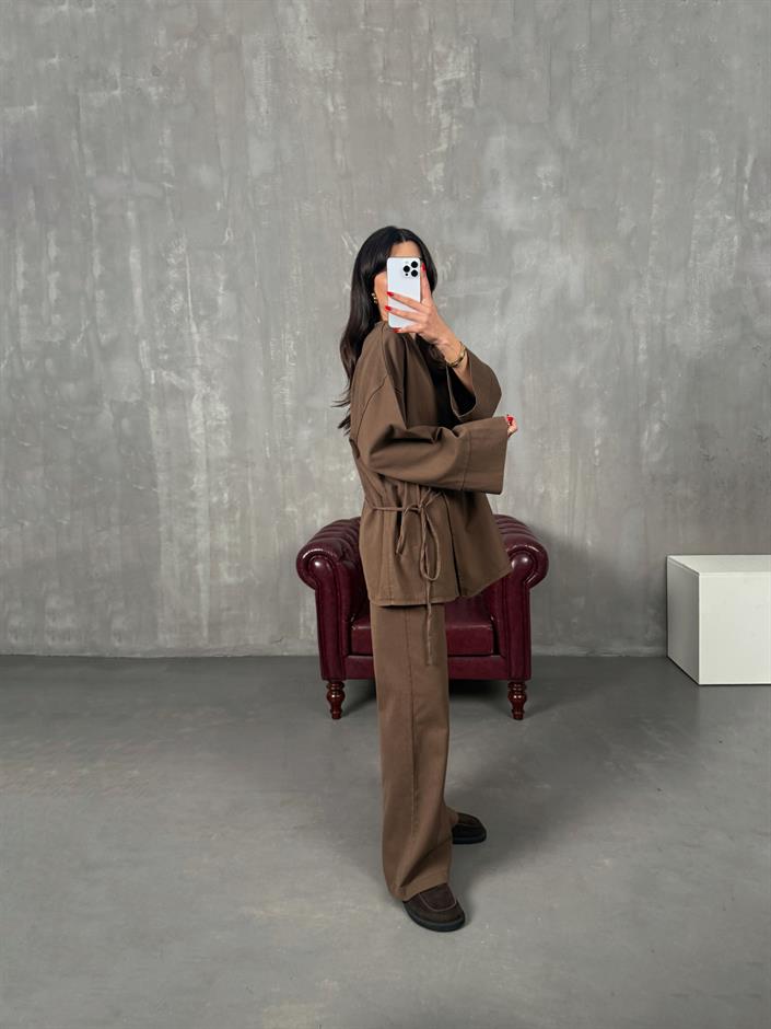 Rozali Kahve Gabardin Kimono İkili Takım