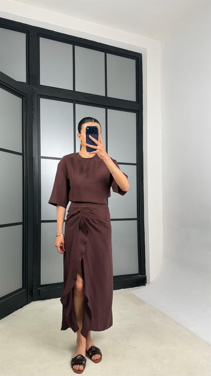 Bordo Yırtmaç Detaylı Tencel Elbise GAUS-01405