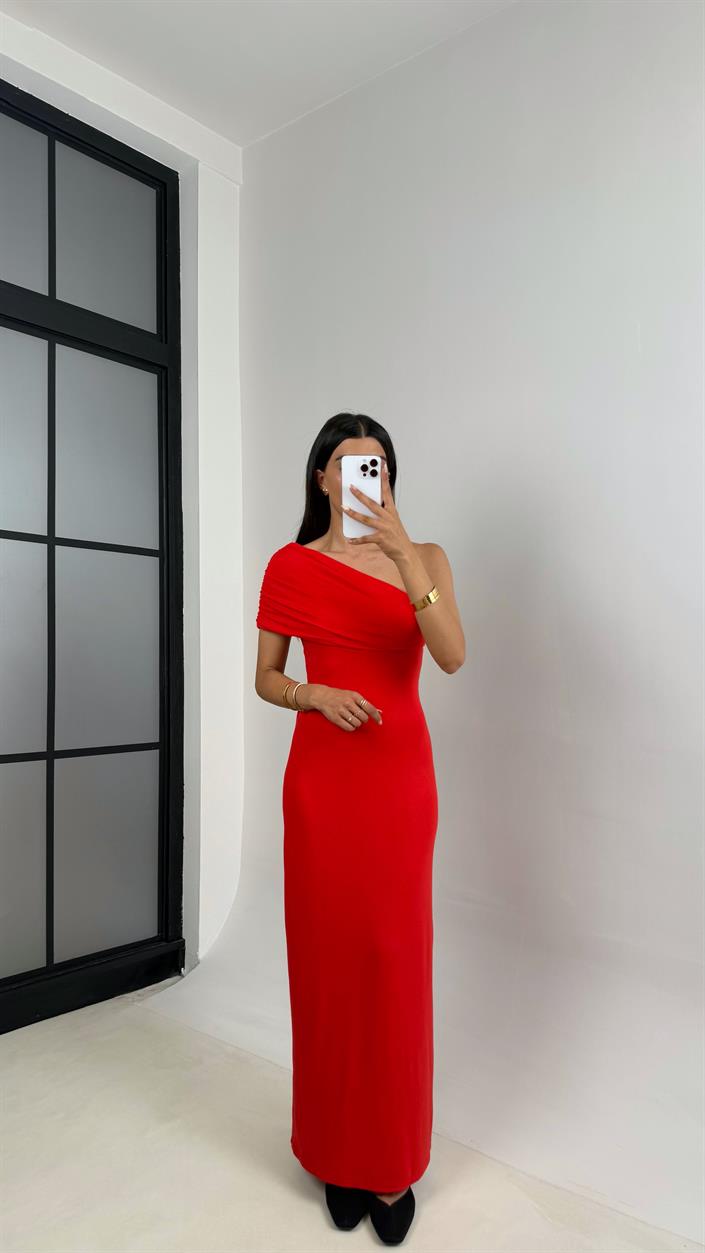 Kırmızı Tek Omuz Maxi Boy Elbise Gaus00685