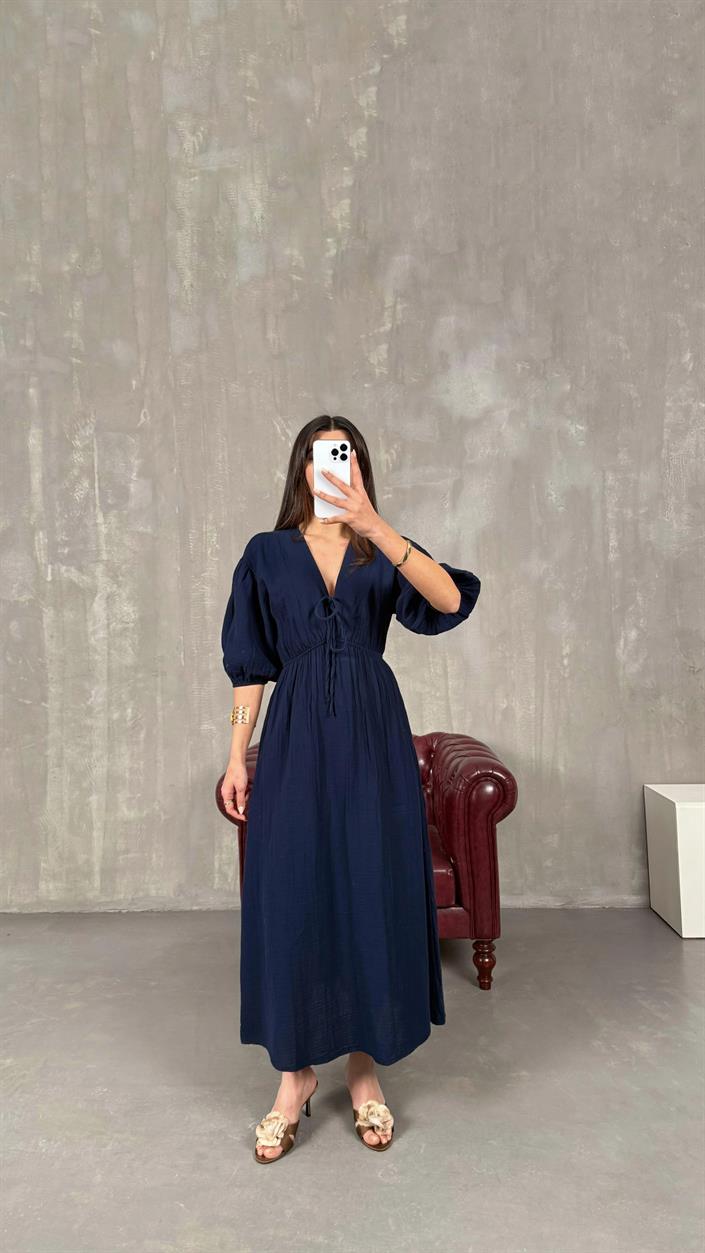 Lacivert Cesika V Yaka Beli Lastikli Müslin Elbise gaus-01260