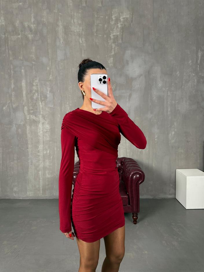 Senna Bordo Drapeli Elbise