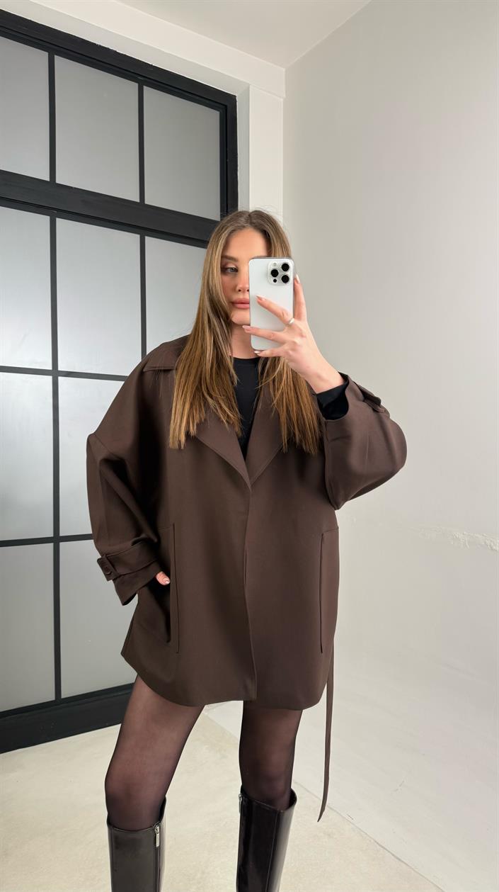 Acı Kahve Astarlı Kuşaklı Premium Trençkot GAUS-00977