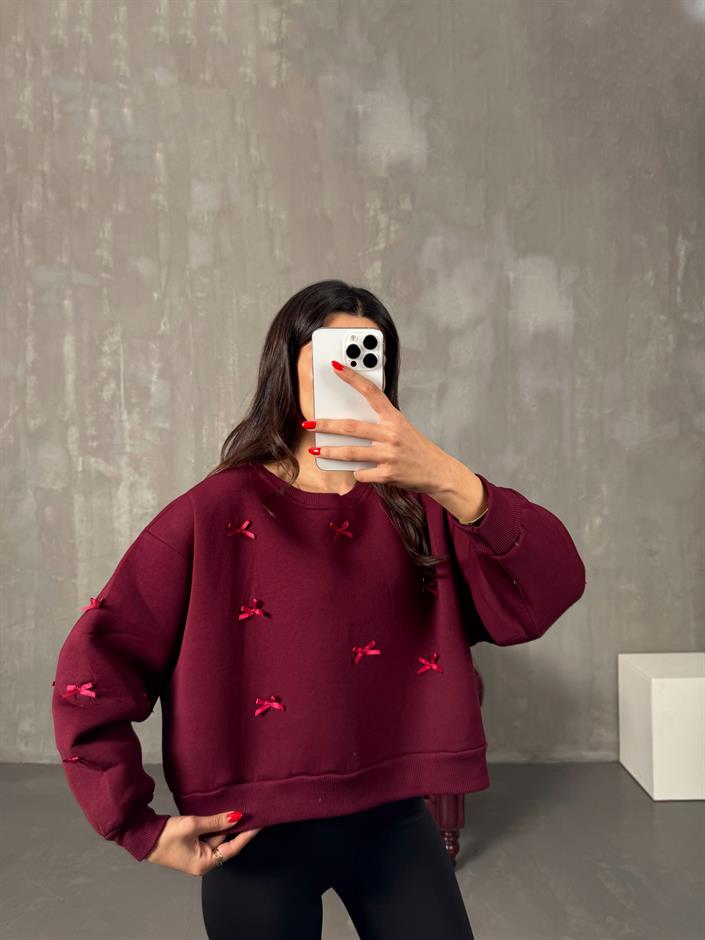 Bordo Fiyonk Detaylı Şardonlu Sweat
