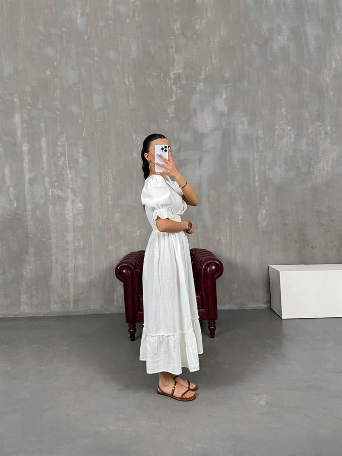 Beyaz V Yaka Beli Lastikli Büzgülü Müslin Pinterest Elbise Gaus00022