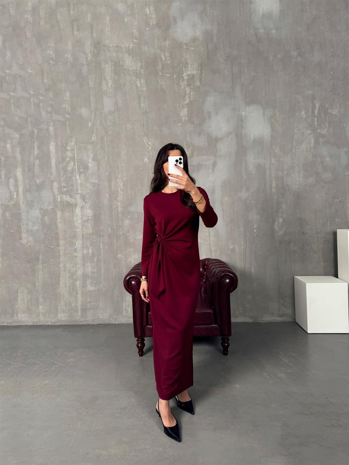 Tinky Bordo Bağlamalı Yırtmaçlı Elbise