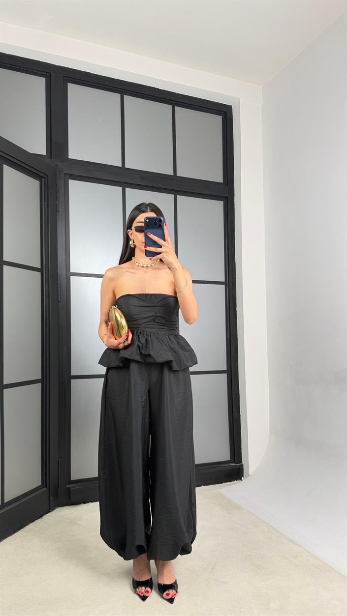 Siyah Balon Bluz Beli Lastikli Şalvar Pantolon İkili Premium Takım GAUS-01569