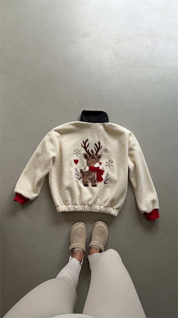 Siyah Geyik Baskılı Muadil Polar Sweatshirt GAUS-02237