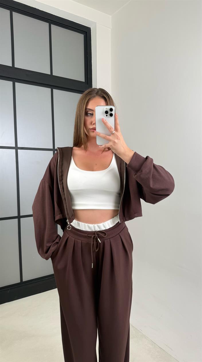 Acı Kahve Atlet Hırka Beli Lastikli Pantolon 3lü Modal Takım GAUS-00645