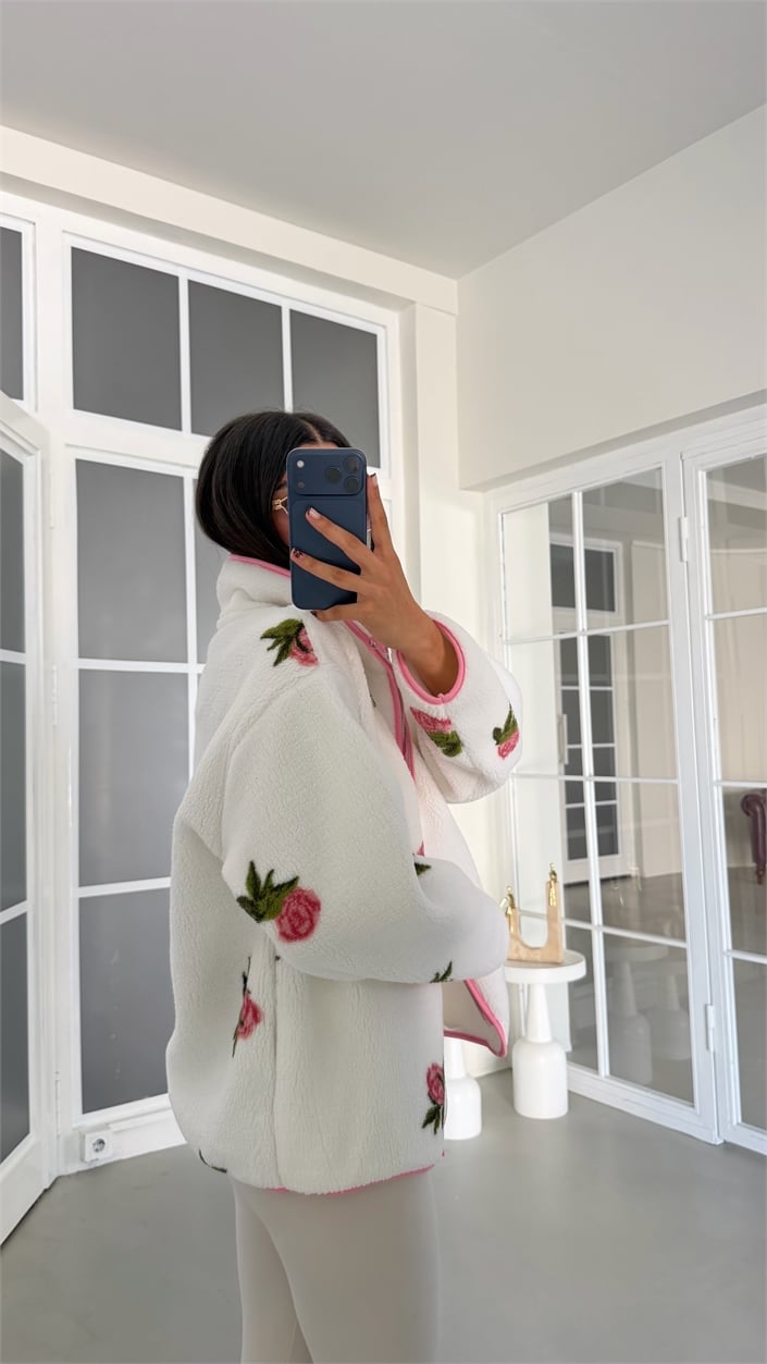 Pembe Gül Desenli Fermuarlı Polar Sweatshirt GAUS-01916 GAUS-01926