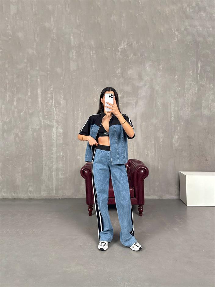 Alvin Siyah Şeritli Kısa Kollu Fermuarlı Denim Karışımlı Üst Alt Takım