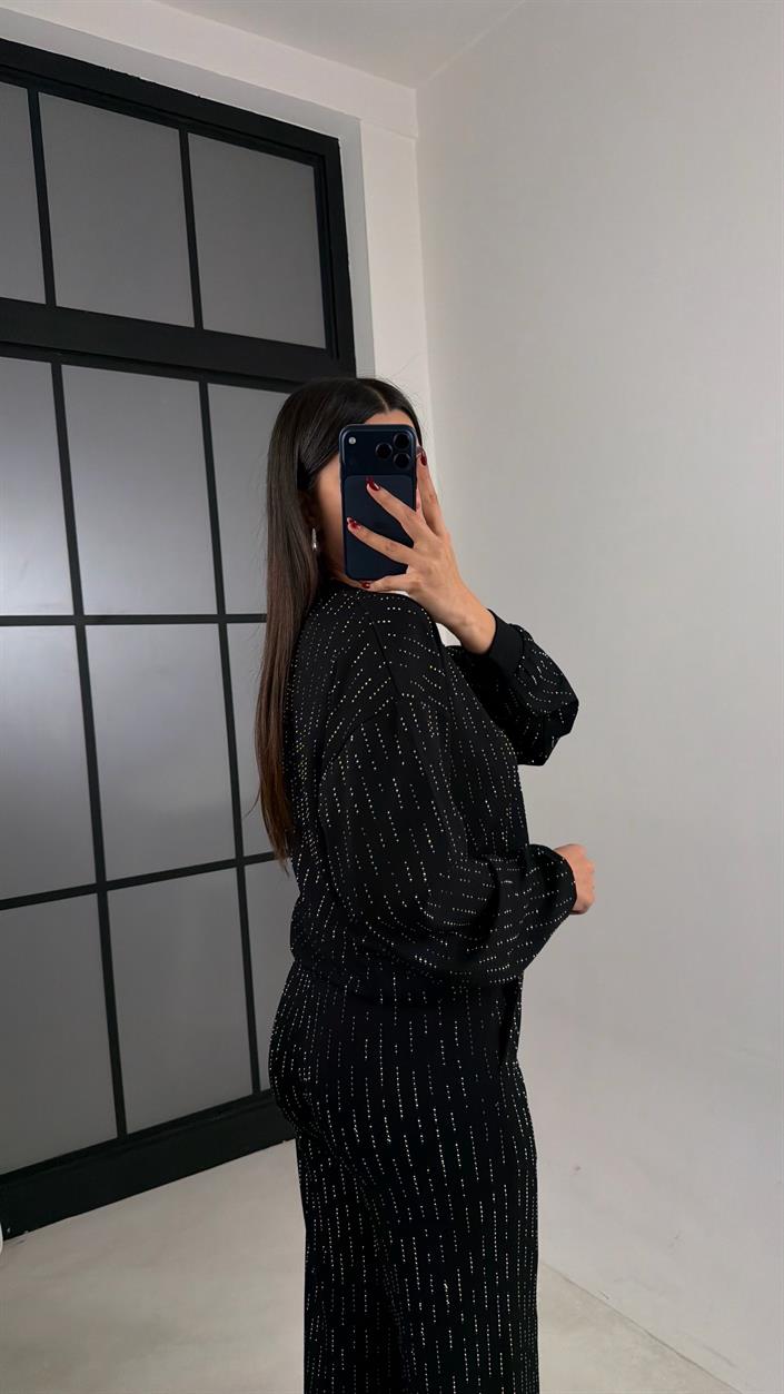 Siyah Kazak Beli Lastikli Pantolon Taş Detaylı Tasarım İkili Modal Takım GAUS-00674