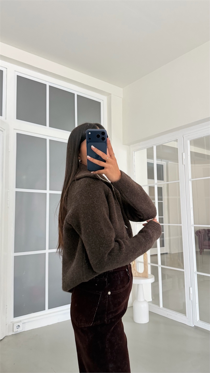 Kahve Yumuşak Dokulu Çift Fermuarlı Triko Hırka GAUS-02167
