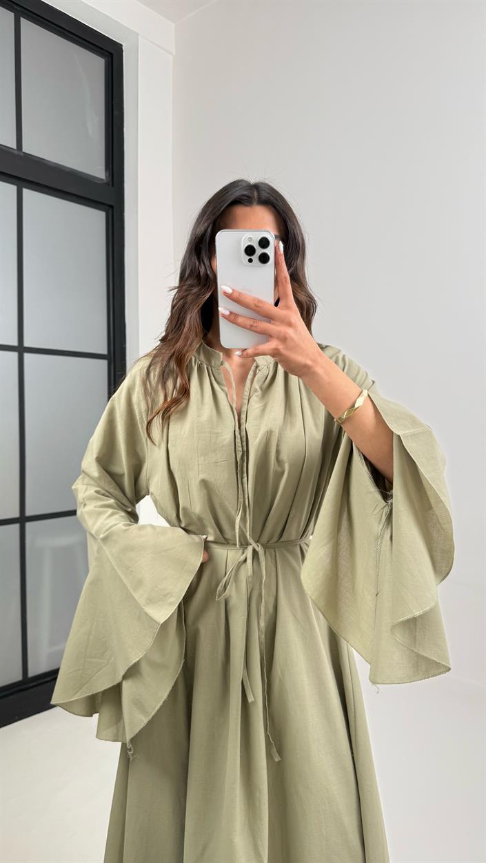 Haki Önü Bağlamalı Kuşaklı Astarlı Vual Kumaş Elbise Gaus00344