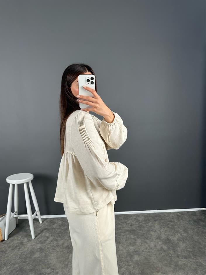 Ekru Müslin İnci Detaylı Bluz