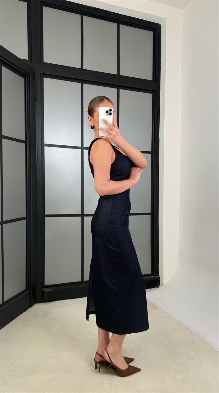 Lacivert Arkadan Yırtmaçlı Fermuarlı Premıum Denim Elbise GAUS-01199