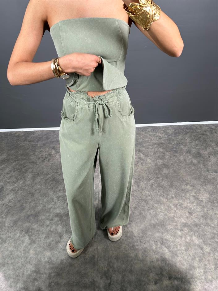 Spino Haki Yeşil Gabardin Crop Bol Paça Pantolon Takım