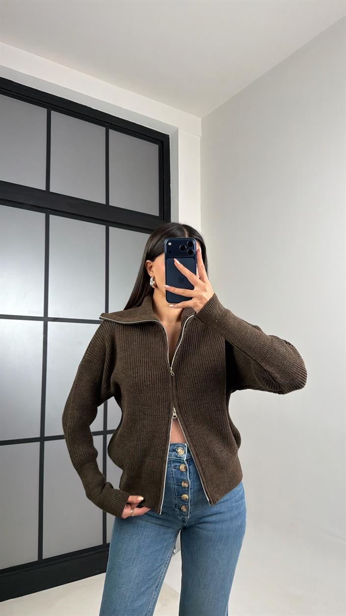 Acı Kahve Çift Fermuarlı Triko Kazak GAUS-00858