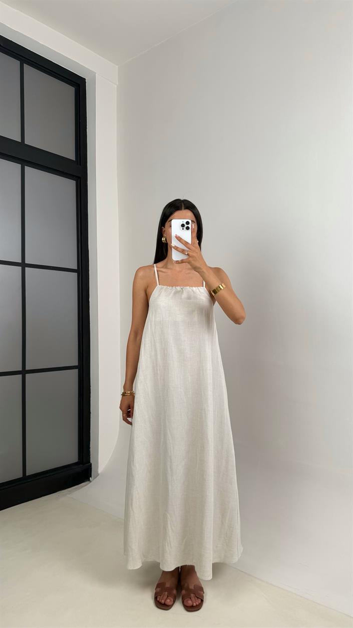 Taş Ayarlanabilir Askılı Muadil Kırışık Kumaş Elbise Gaus00674