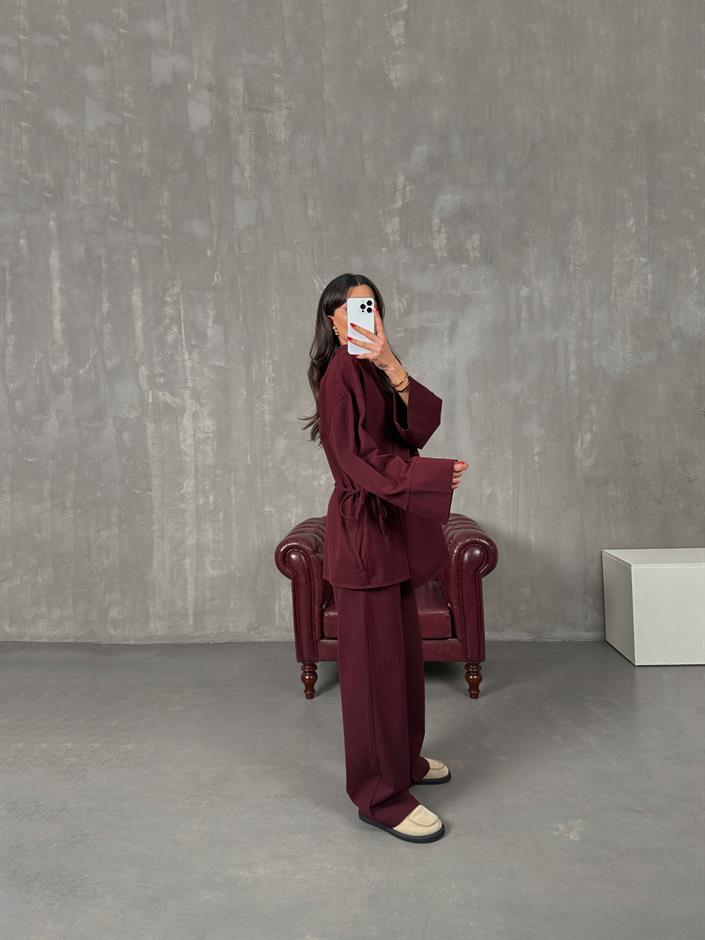 Rozali Bordo Gabardin Kimono İkili Takım