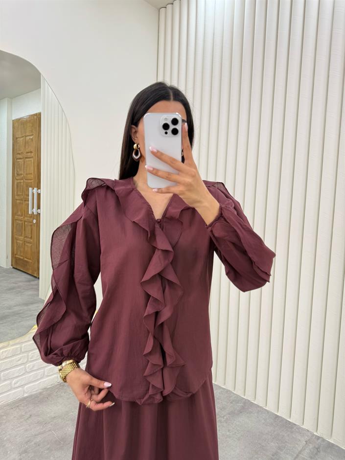 Bordo Önü Düğmeli Fırfırlı Üst Beli Lastikli Astarlı Etek Vual İkili Takım Gaus00321