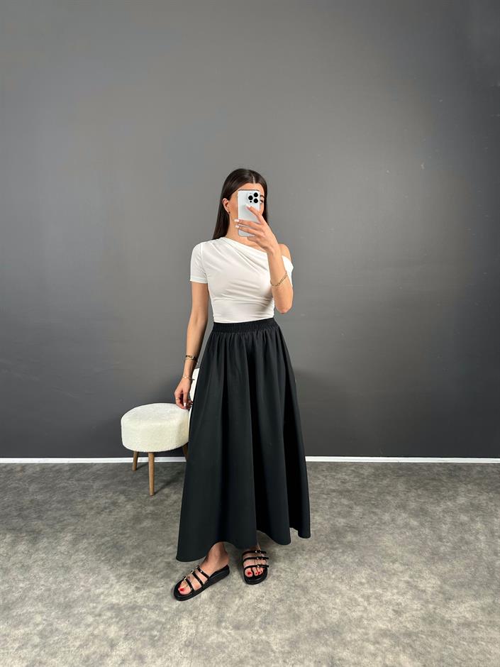 Mira Siyah Premium Tensel Kumaş Cepli Etek 