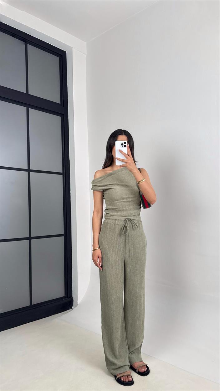 Yeşil Bluz Beli Lastikli Pantolon Bürümcük Takım Gaus00532