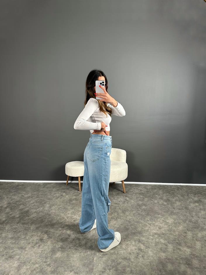 Wina Mavi Yırtık Yüksek Bel Straight Jean