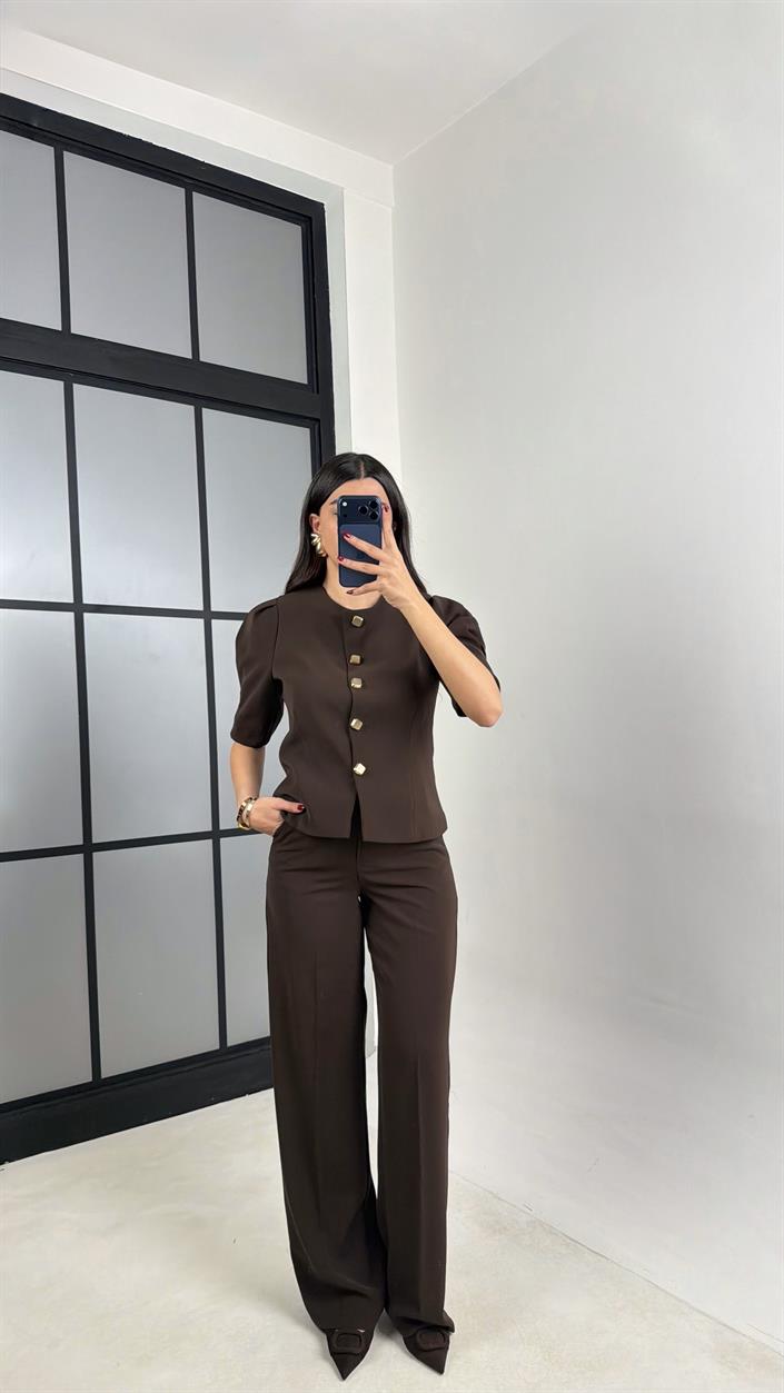 Acı Kahve Gold Düğmeli Balon Kol Ceket Beli Lastikli Pantolon Kumaş Takım GAUS-00748