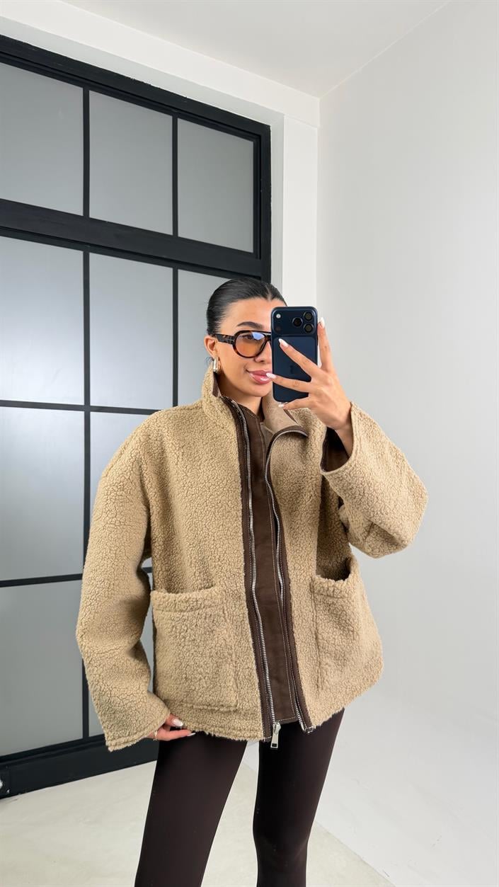 Camel Cepli Fermuarlı Peluş Mont GAUS-00602