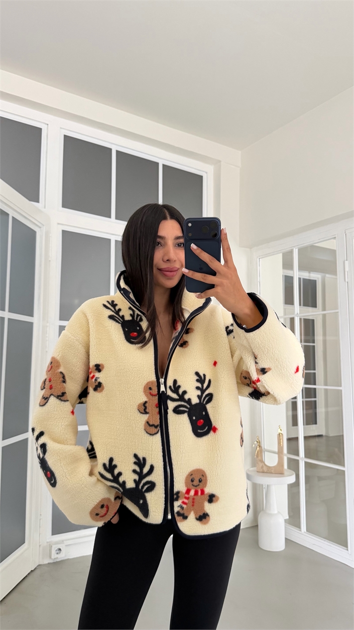 Krem Kurabiye Desenli Fermuarlı Polar Sweatshirt GAUS-01916 GAUS-02113