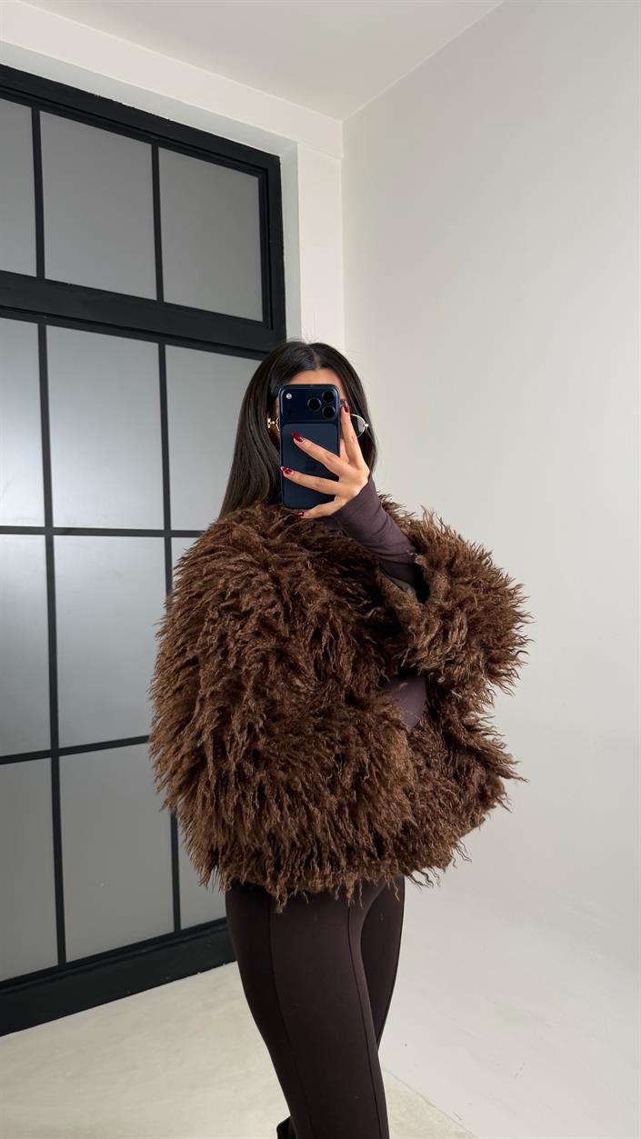 Kahve Saçaklı Astarlı Kürk GAUS-00750