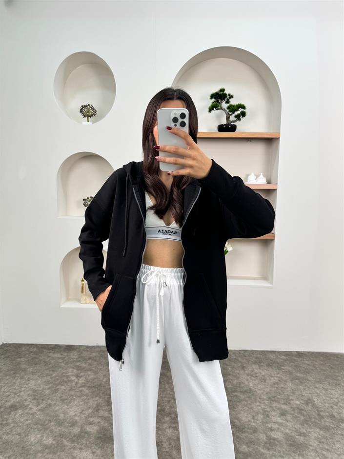 Khloe Siyah Üç İplik Şardonlu Kapüşonlu Fermuarlı Sweatshirt