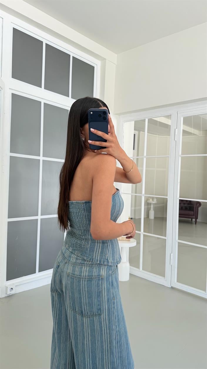Mavi Bustiyer Palazzo Pantolon Çizgili Denim Takım GAUS-01686