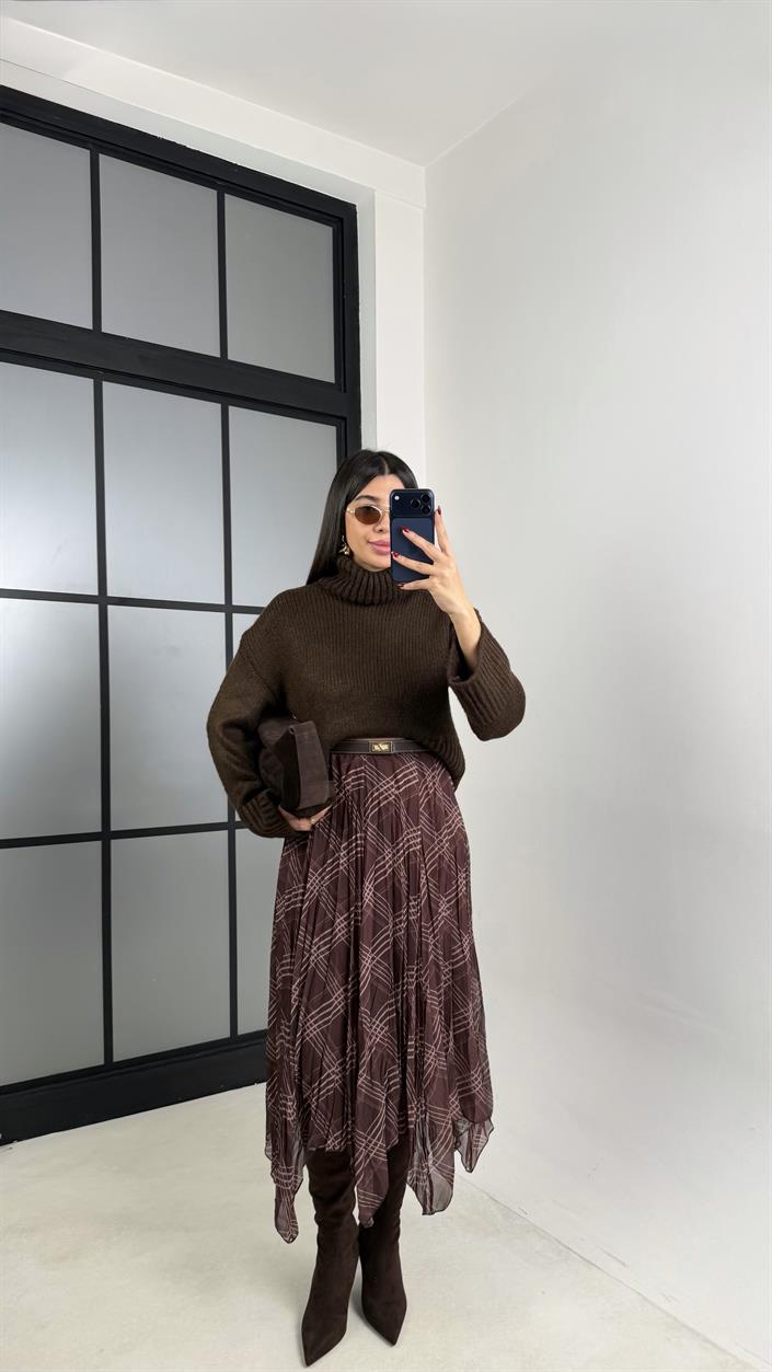 Kahve Ekose Desenli Astarlı Şifon Etek GAUS-00725