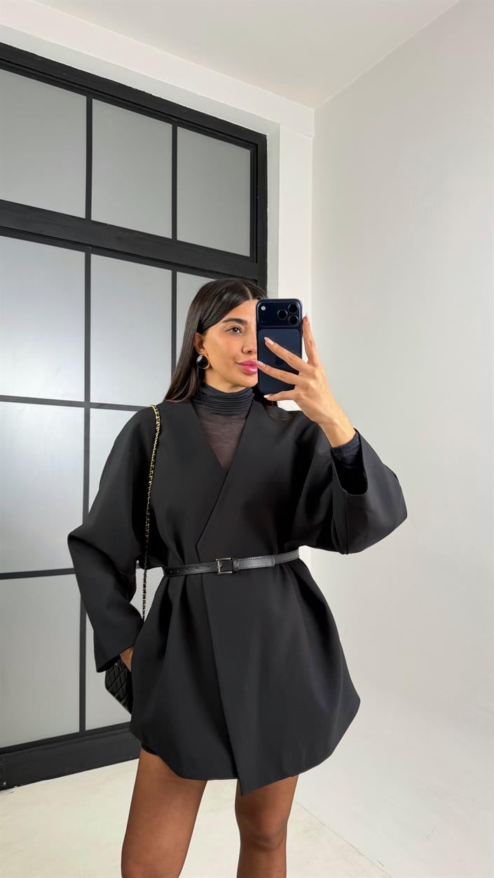 Siyah Kemerli Astarlı Cepli Premium Ceket GAUS-00818