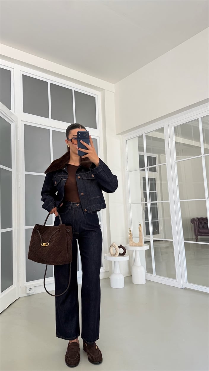 Lacivert Kürk Yakalı Ceket Pantolon Premium Denim Takım GAUS-01903