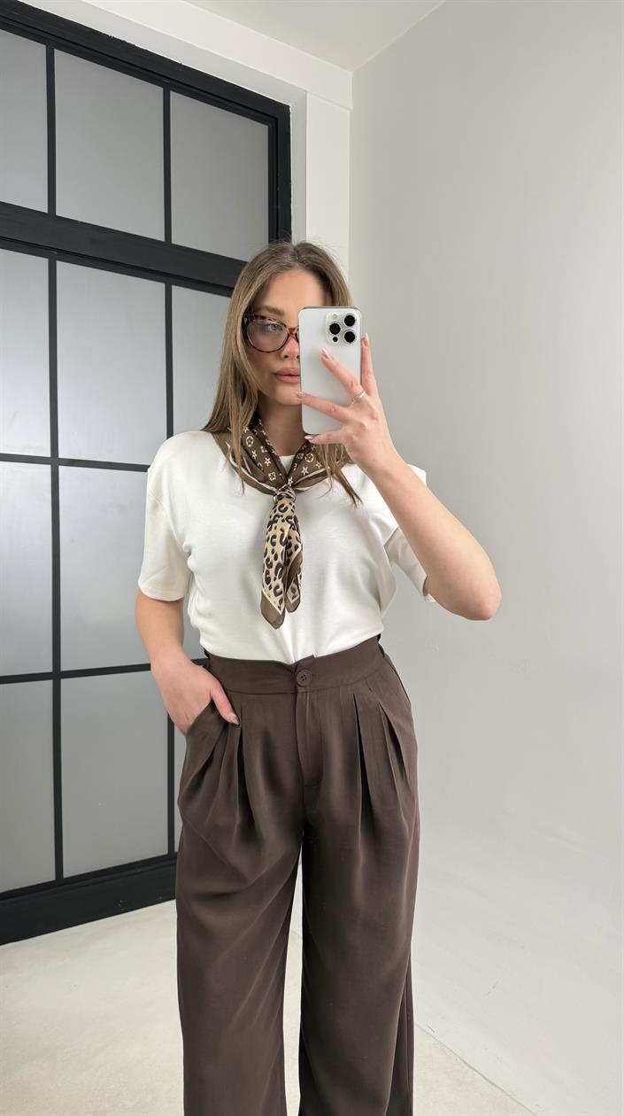 Acı Kahve Beli Lastikli Pile Detaylı Tencel Pantolon GAUS-00995