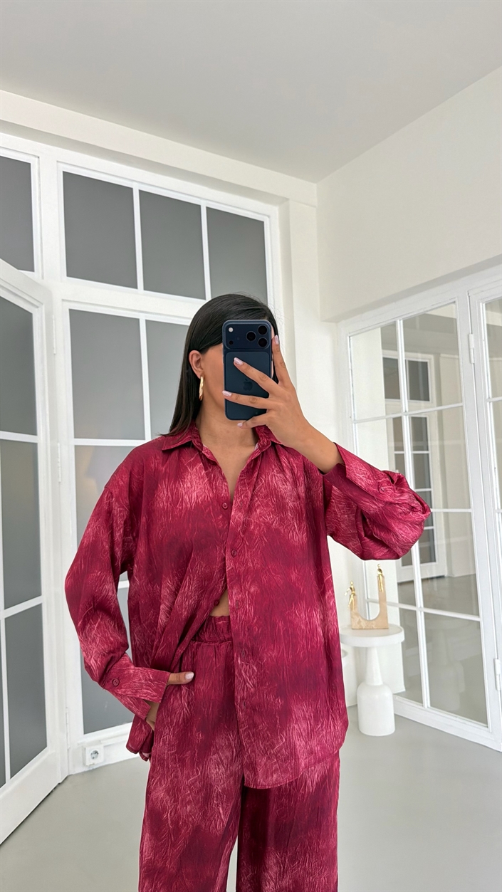 Bordo Gömlek Beli Lastikli Pantolon İkili Desenli Saten Takım GAUS-01754