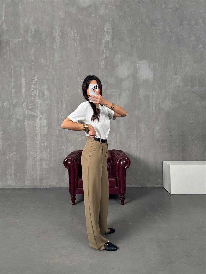 Mocha Haki Kemer Detaylı Palazzo Pantolon