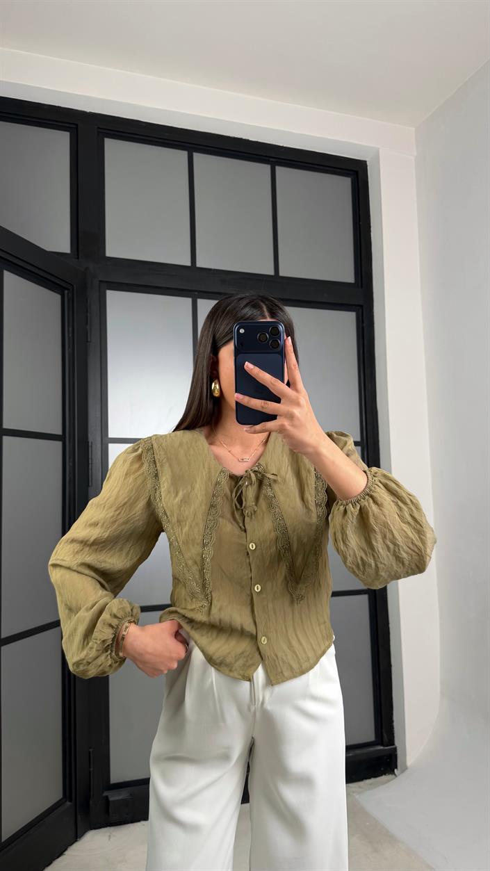 Yeşil Bebe Yaka Önü Bağlamalı Transparan Gömlek GAUS-01241