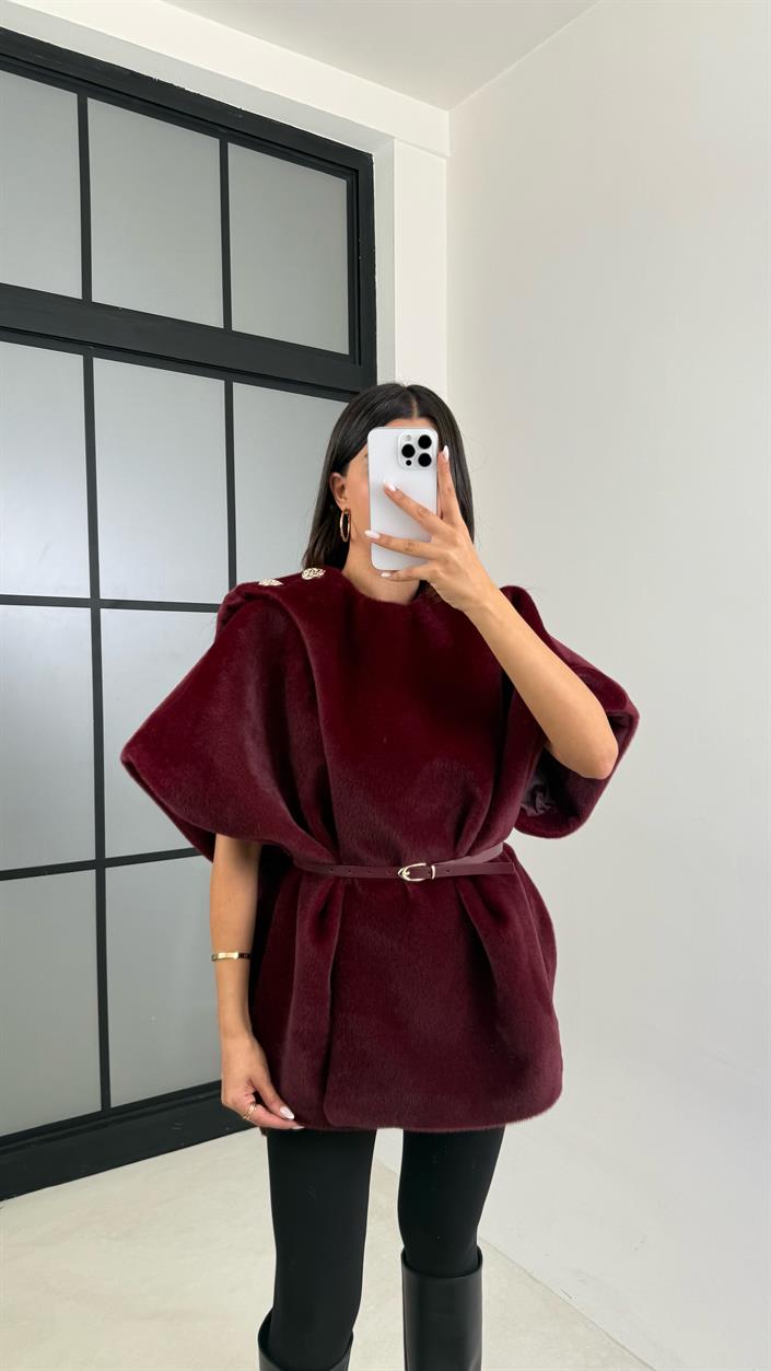 Bordo Kemerli Tasarım Kürklü Panço GAUS-00520