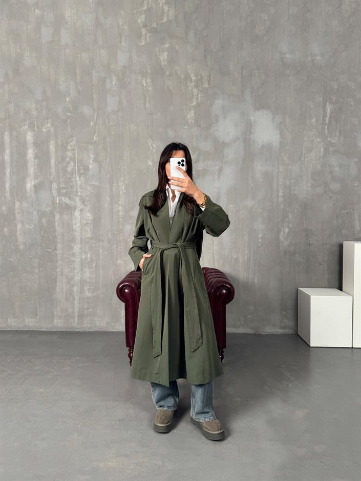 Sindy ZR Haki Muadil Premium Astarsız Kuşaklı Trençkot