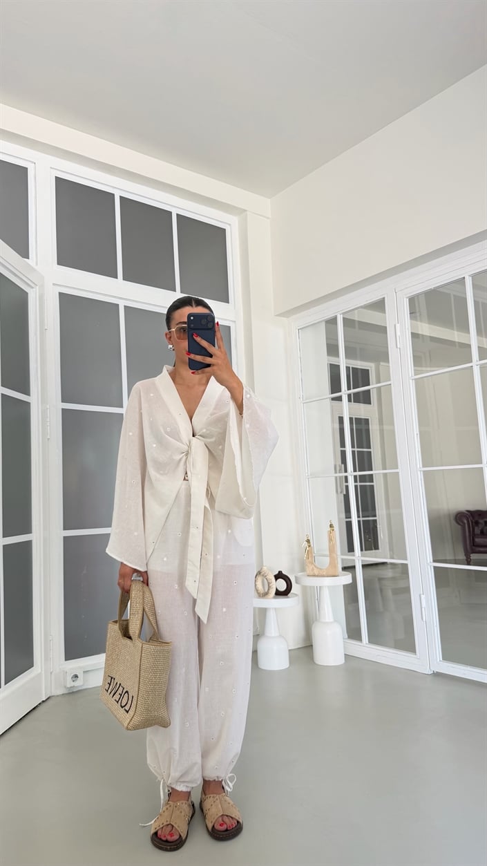 Ekru Pul Detaylı Kimono Beli Lastikli Şalvar Pantolon İkili Premium Takım GAUS-01857