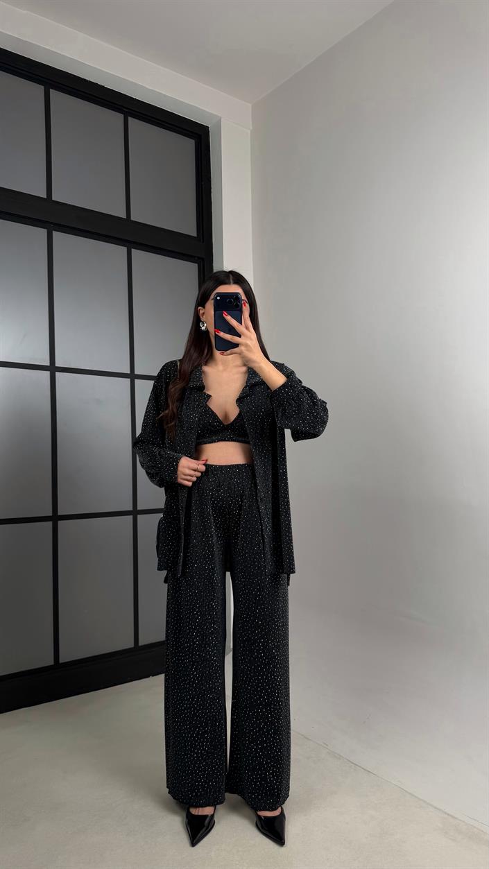 Siyah Taş Detaylı Gömlek Crop Beli Lastikli Pantolon Tasarım Takım GAUS-00919