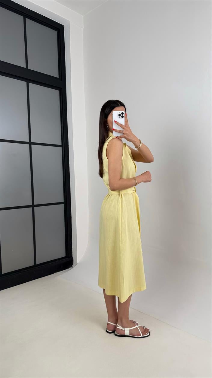 Sarı V Yaka Önü Düğmeli Kuşaklı Keten Elbise Gaus00461 