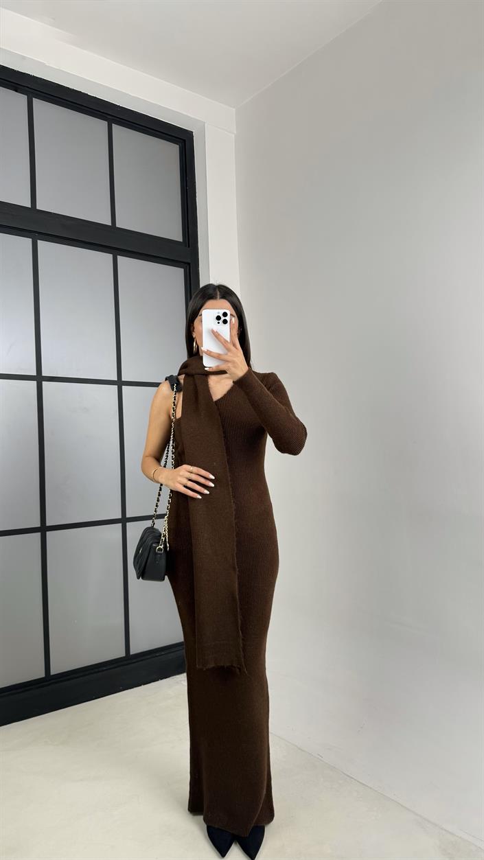 Kahve Tek Omuz Atkılı Triko Elbise GAUS-00223